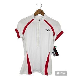 New TYR Carbon Cycle Jersey Womens S Cycling White Red Triathlon Training Shirt